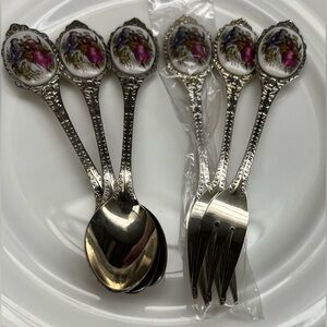 Vintage Japanese Unused 6-Piece Dessert Set | 3 Spoons 3 Forks | Cameo Handles